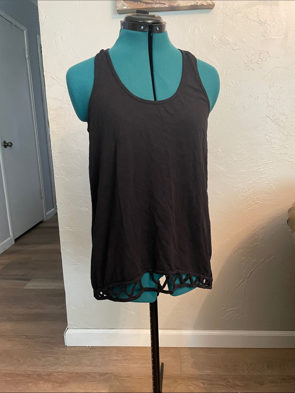 Rip Curl Black Scoop Neck Tank with Lattice Hem and lattice back UNIQUE!